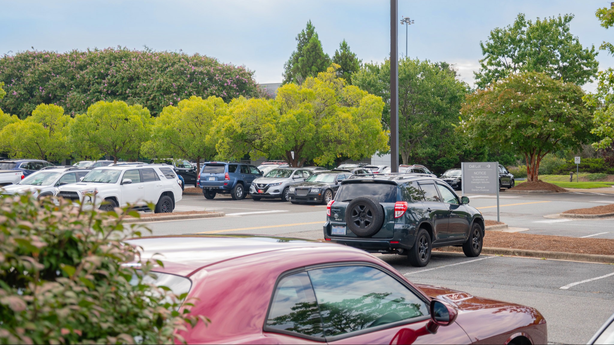 A parking lot with several parked vehicles, including a red car in the foreground and a dark SUV with a rear spare tire. Trees with green foliage are in the background under a partly cloudy sky.
