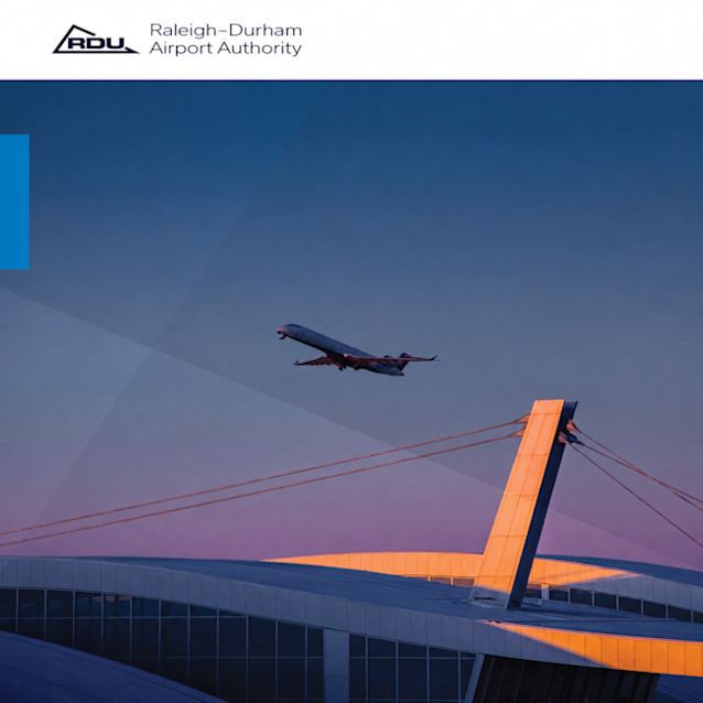 Strategic Plan 2025-2030 text on blue background with airplane taking off at dusk and orange airport equipment visible.
