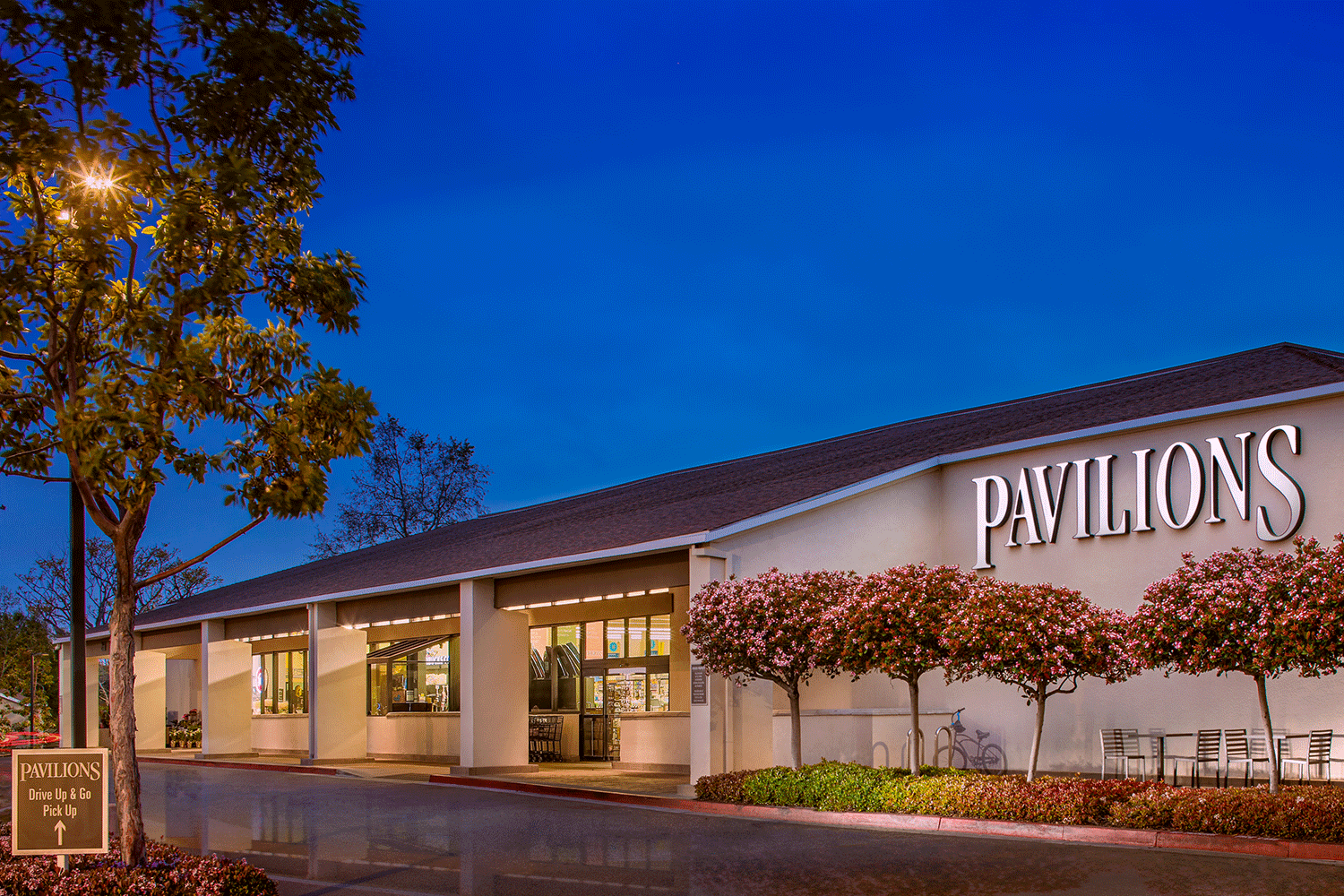  View of Pavilions at dusk in Newport Hills Shopping Center