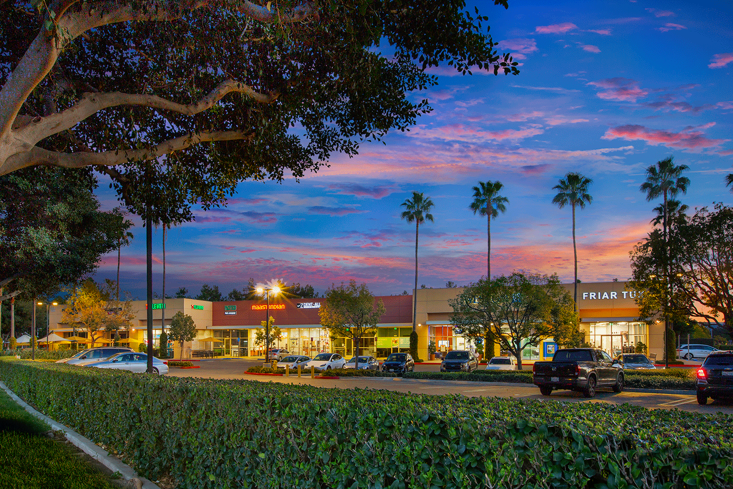  Exterior view of Alton Retail Center at dusk