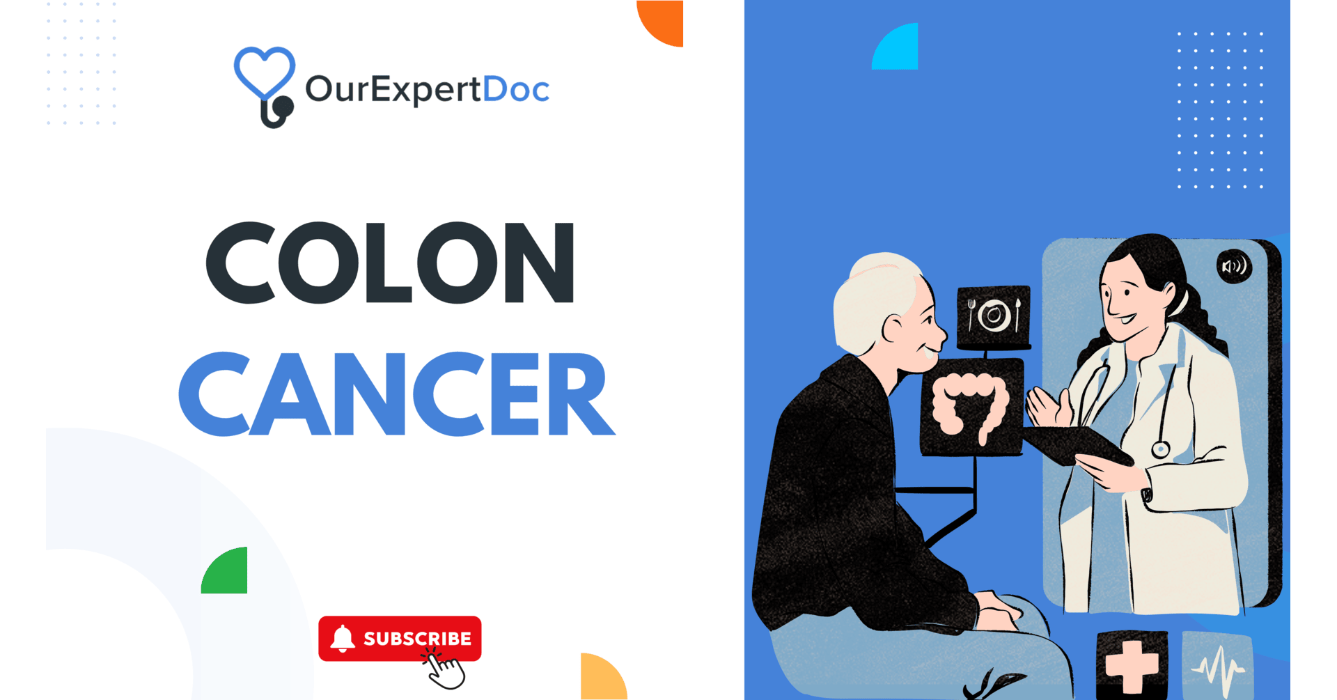 Illustration of a doctor discussing colon cancer diagnosis and treatment with a patient, highlighting the importance of early detection and colorectal health.