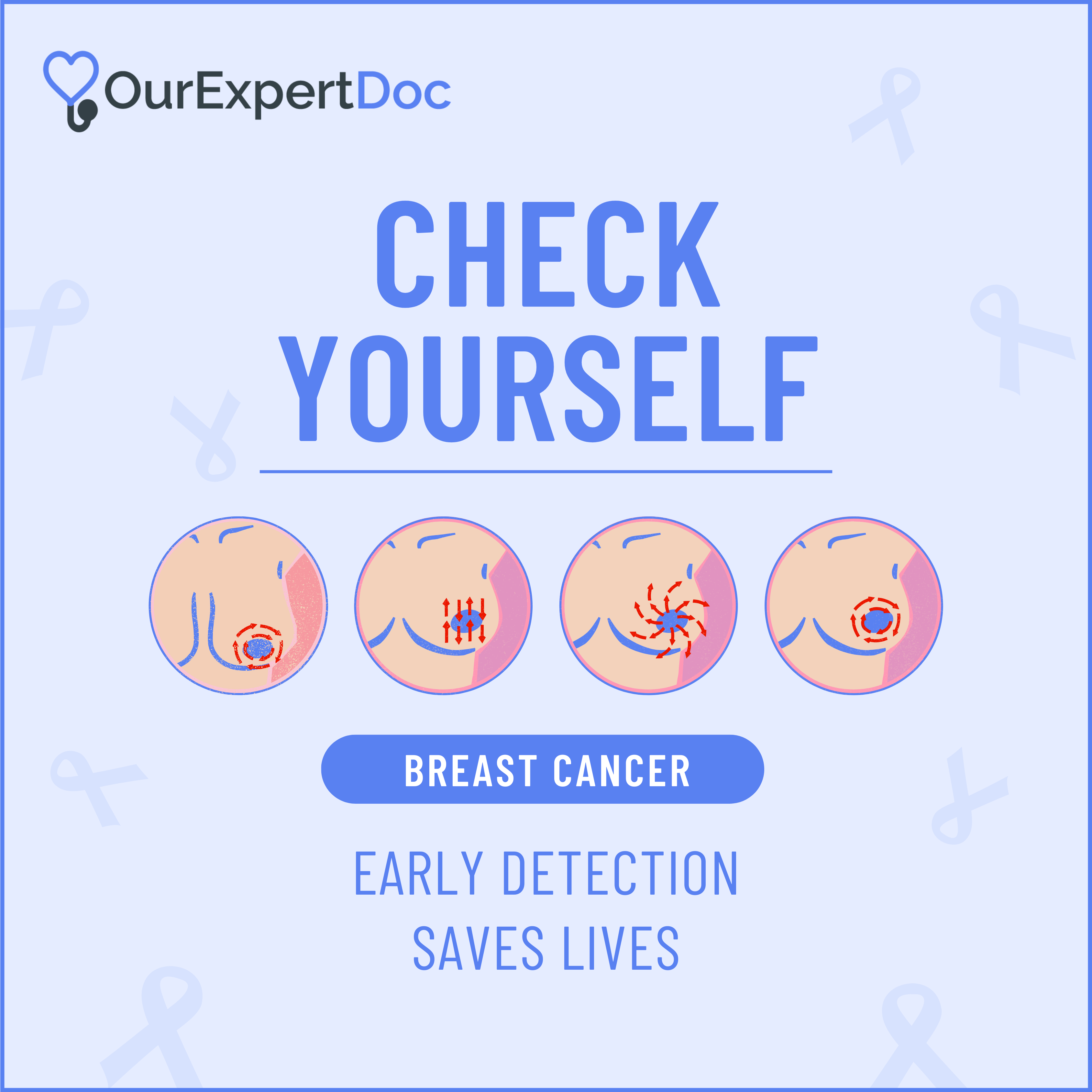 Check yourself for breast cancer: illustrations of signs and message promoting early detection.