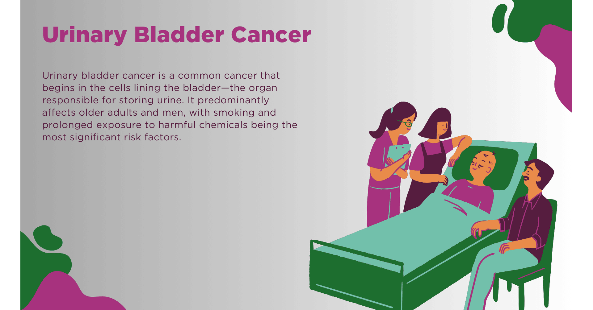 Illustration of healthcare professionals attending to a patient with urinary bladder cancer, highlighting care and treatment for bladder cancer awareness.
