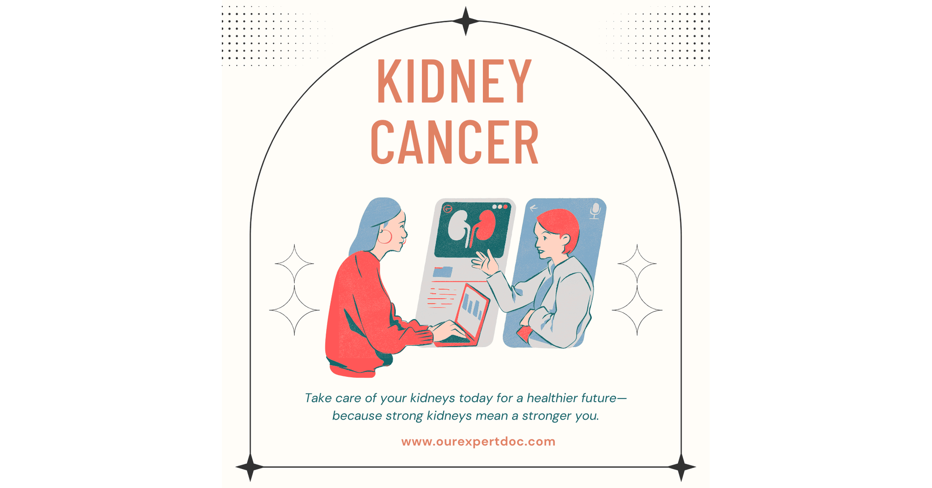 Kidney Cancer Awareness Illustration – A doctor discussing kidney health with a patient while reviewing medical scans.