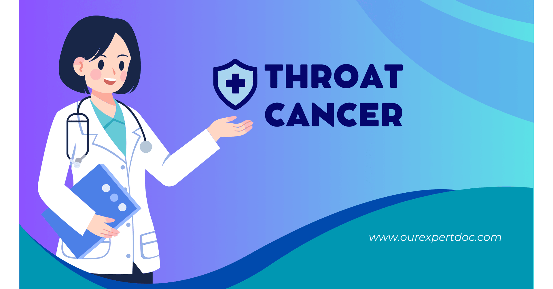 Illustration of a female doctor holding medical files, presenting information about throat cancer. Featured on OurExpertDoc's throat cancer blog.