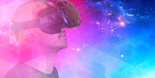 Man wearing a virtual reality glass to experience Metaverse space.
