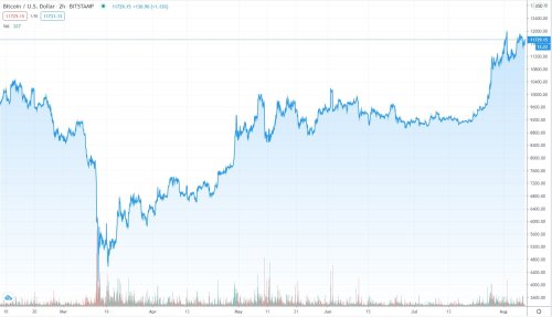 Graph showing Bitcoin price fall in March 2020 following by quick rise Source: tradingview.com