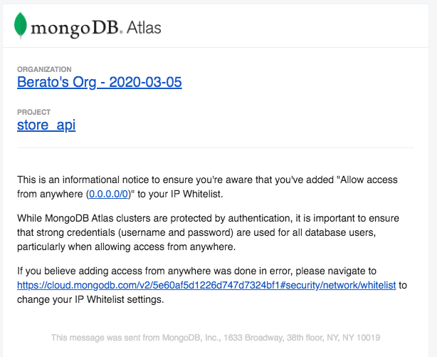 Warning email from MongoDB Atlas