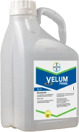 Large plastic bottle printed with a label of the Velum Prime logo 