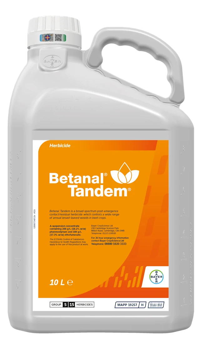 Large plastic bottle printed with a label of the Betanal Tandem logo 
