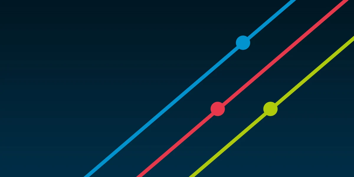 Blue, red and green lines, with a circle, going diagonally across the right side on a dark blue background.