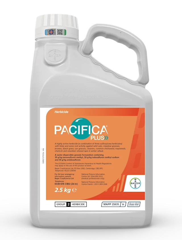 Large plastic bottle printed with a label of the Pacifica Plus logo 