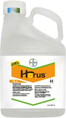Large plastic bottle printed with a label of the Horus logo 
