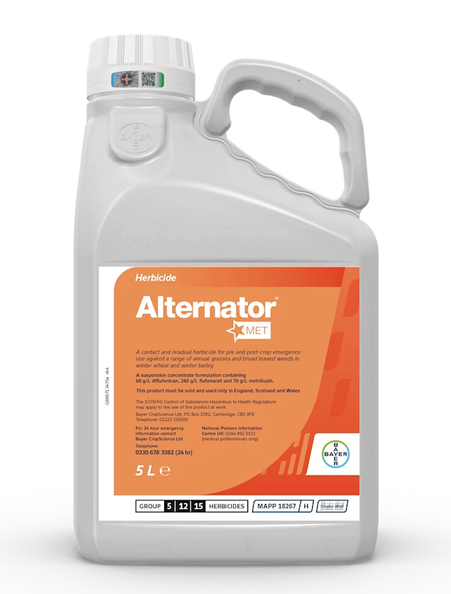 Large plastic bottle printed with a label of the Alternator Met
