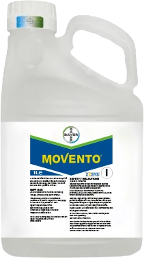 Large plastic bottle printed with a label of the Movento logo 