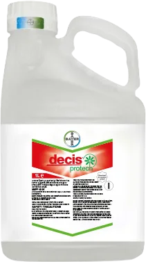 Large plastic bottle printed with a label of the decis protech logo 