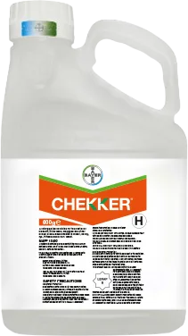 Large plastic bottle printed with a label of the Chekker logo 
