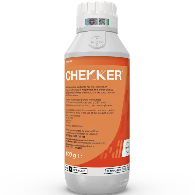 Large plastic bottle printed with a label of the Chekker logo 