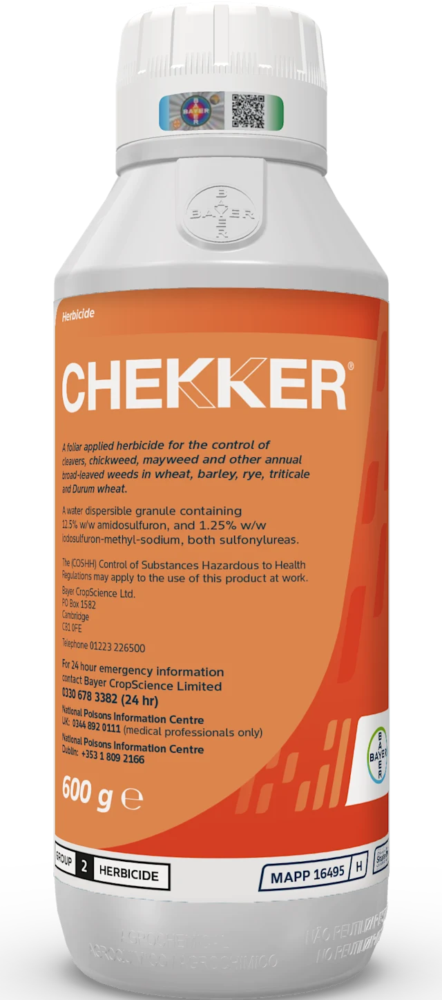 Large plastic bottle printed with a label of the Chekker logo 