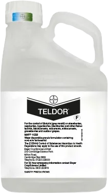 Large plastic bottle printed with a label of the Teldor logo 