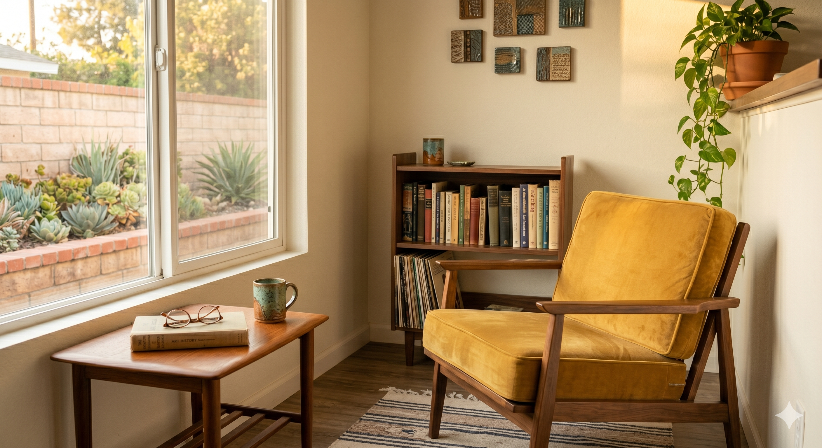 A warm, simplified reading corner with a mid-century chair — the next chapter after downsizing.