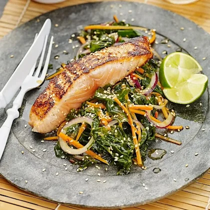 Sockersaltad lax med asiatisk havssallad