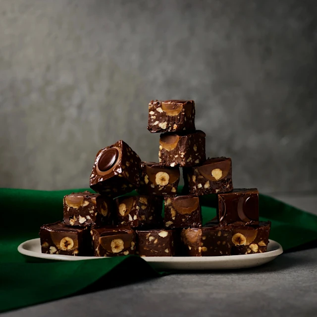 Chokladbitar med nougat och nötter staplade på ett fat.