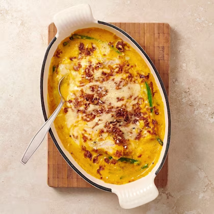 Gratinerad torsk med curry och rostad lök