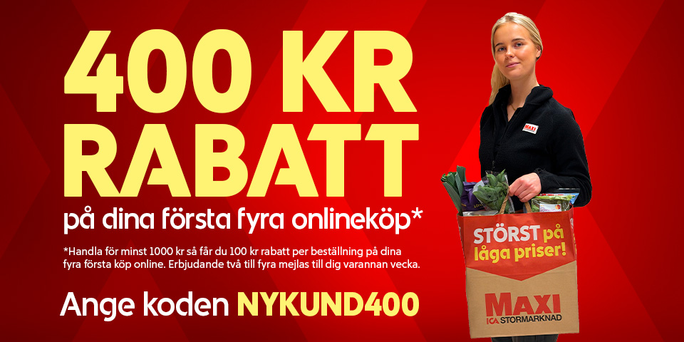 400 kr rabatt på dina första fyra onlineköp*. Handla för minst 1000 kr så får du 100 kr rabatt per beställning på dina fyra första köp online. Ange koden NYKUND400. 