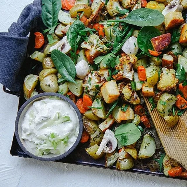 Halloumipytt med örtsmör och senapskräm