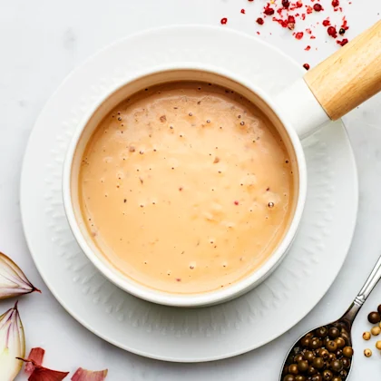 En vit skål med pepparsås, står på en vit tallrik. Peppar och scarlottenlök ligger bredvid tallriken som dekoration.