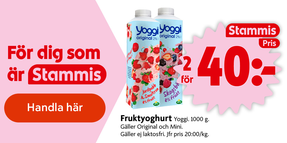 För dig som är Stammis: Fruktyoghurt Yoggi 1000 g, gäller Original och Mini, 2 för 40 kronor. Gäller ej laktosfri. Jfr pris 20:00/kg. Med texten ”För dig som är Stammis”. Klicka för att handla.