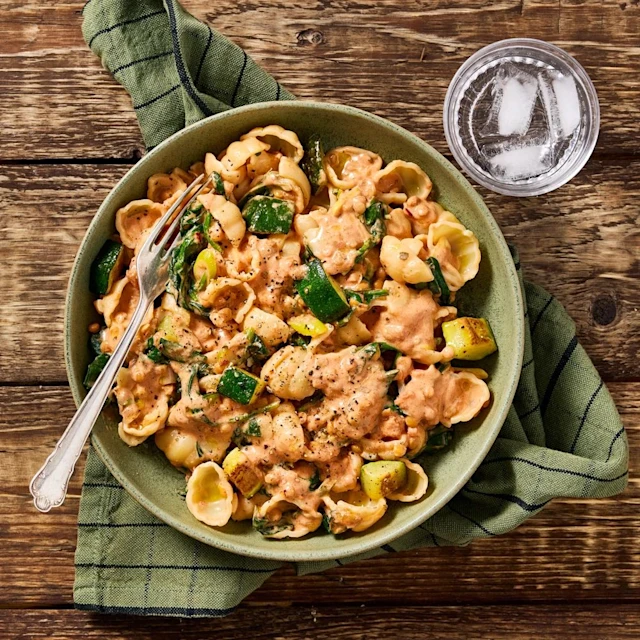 Spenatpasta med linser och zucchini