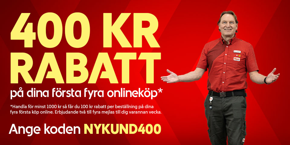 400 kr rabatt på dina första fyra onlineköp. Ange koden NYKUND400. *Handla för minst 1000 kr så får du 100 kr rabatt per beställning på dina fyra första köp online. Erbjudande två till fyra mejlas till dig varannan vecka.