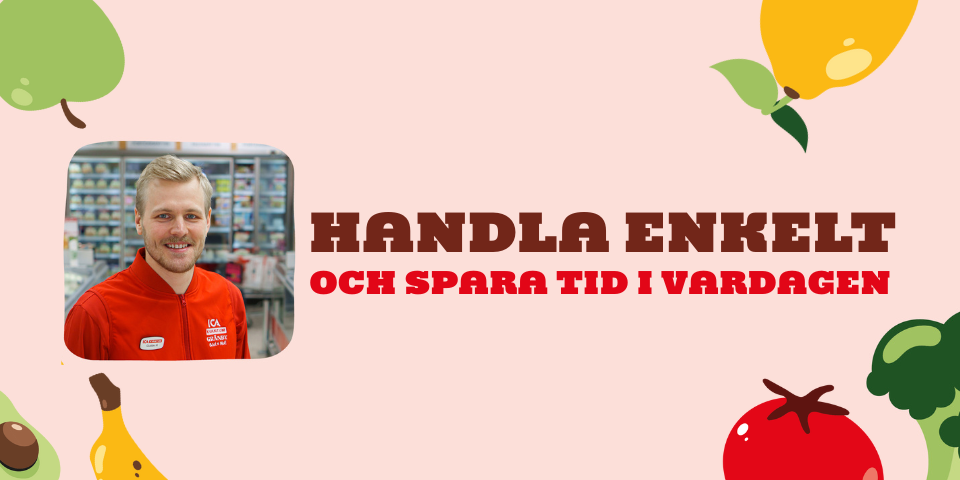 Person i röd ICA-skjorta i butiksmiljö med texten "Handla enkelt och spara tid i vardagen".