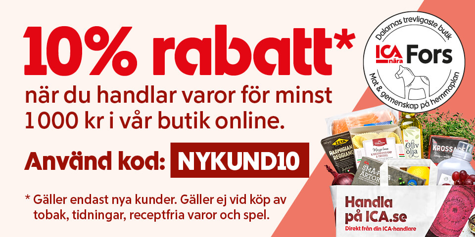 10% rabatt* när du handlar varor för minst 1000 kr i vår butik online. Använd kod: NYKUND10. *Gäller endast nya kunder. Gäller ej vid köp av tobak, tidningar, receptfria varor och spel.