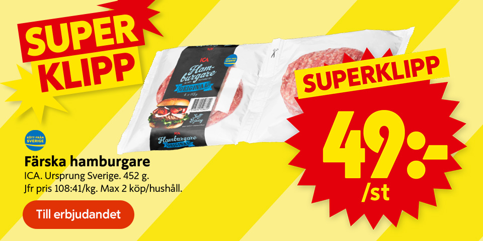 Färska hamburgare från ICA, ursprung Sverige, 452 g. Superklipp 49 kr/st. Jfr pris 108:41 kr/kg. Max 2 köp/hushåll. Klicka för att ta del av erbjudandet.