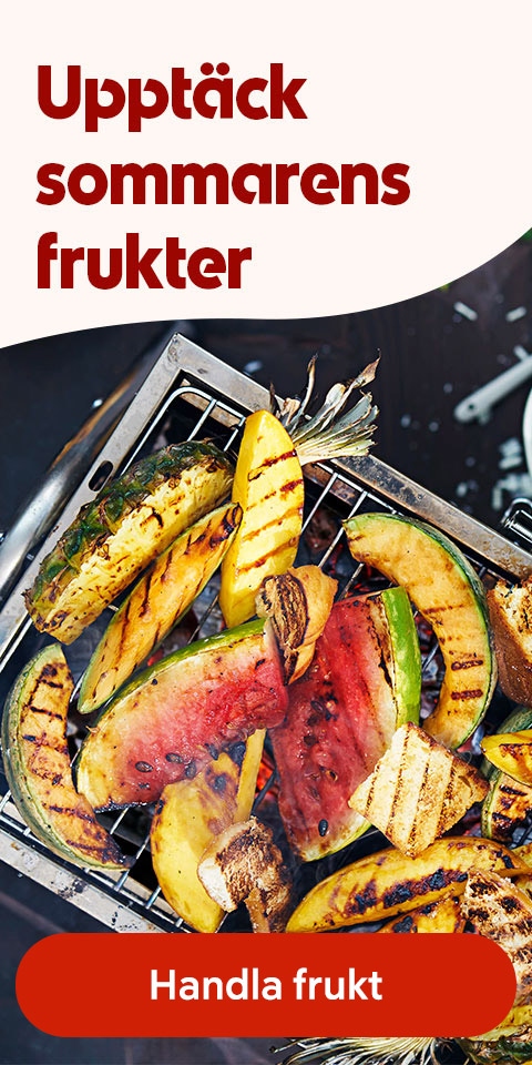 Grillade frukter på ett galler med texten “Upptäck somriga frukter”. Klicka för att handla frukt.