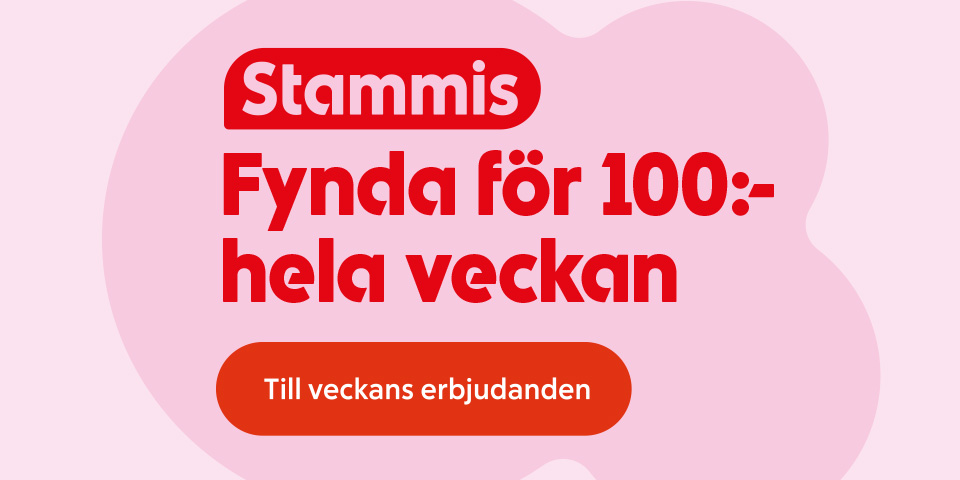 Rundad etikett med ordet Stammis ovanför texten “Fynda för 100:- hela veckan” samt en knapp med texten “Till veckans erbjudanden”. Klicka för att se veckans erbjudanden.