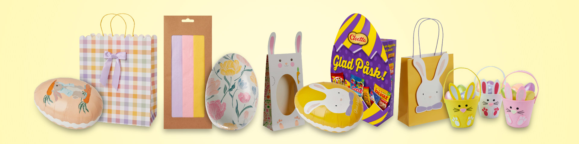 Olika påskägg, presentpåsar, silkespapper, Cloetta påskgodisförpackning och små hinkar med kaninmotiv. Klicka för att handla påskägg.
