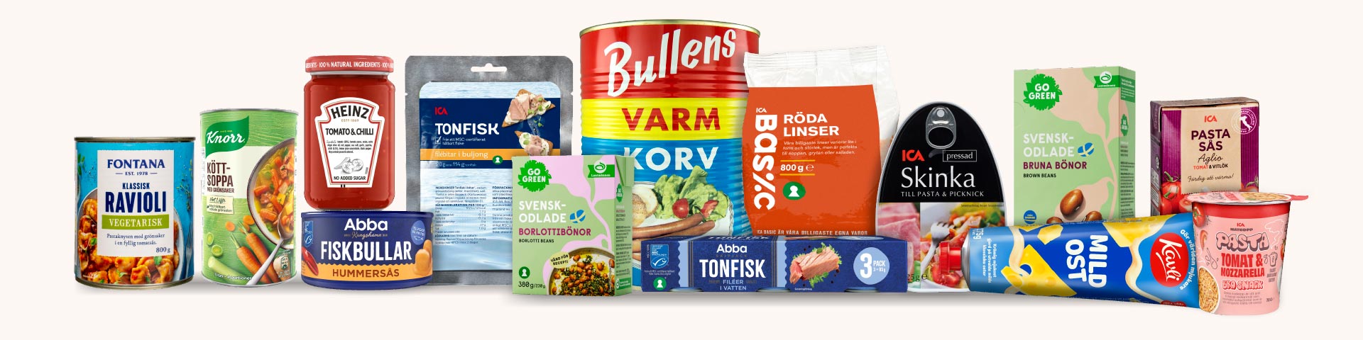 Olika livsmedelsprodukter, bland annat ravioli, köttsoppa, tomat- och chilisås, tonfisk, fiskbullar, varmkorv, röda linser, skinka, borlottibönor, bruna bönor, pastasås, tonfisk i vatten, mild ost och pastasnack med tomat och mozzarella, uppställda på rad.