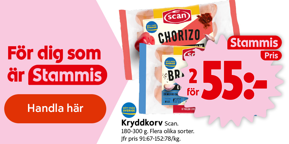 För dig som är Stammis: Kryddkorv Scan, 180–300 g, flera olika sorter, 2 för 55 kronor. Jfr pris 91:67–152:78/kg. Märkt med Kött från Sverige. Klicka för att handla.