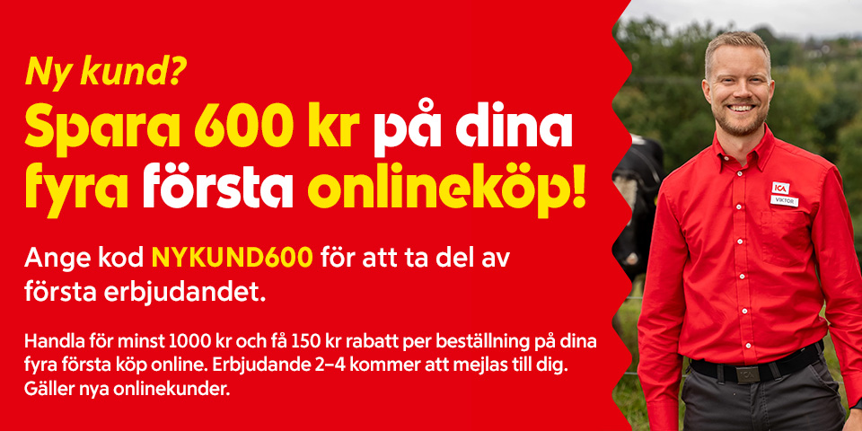 Person utomhus med texten ”Ny kund? Spara 600 kr på dina fyra första onlineköp! Ange kod NYKUND600. Handla för minst 1 000 kr och få 150 kr rabatt per beställning på dina fyra första köp online. Gäller nya onlinekunder.”