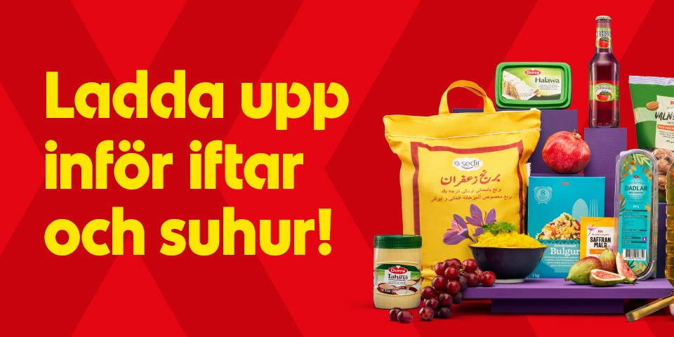 Matvaror och råvaror uppställda tillsammans med texten “Ladda upp inför iftar och suhur!”.