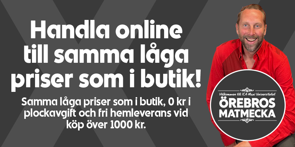 Person i röd skjorta bredvid texten "Handla online till samma låga priser som i butik! Samma låga priser som i butik. 0 kr i plockavgift och fri hemleverans vid köp över 1000 kr. Välkommen till ICA Maxi Universitetet ÖREBROS MATMECKA".