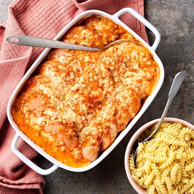 Falukorvsgratäng med pasta