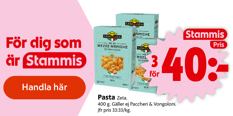 För dig som är Stammis: 3 för 40 kronor på Pasta Zeta Casa Di Luca, bland annat Mezze Maniche och Rozzapre, 400 gram. Gäller ej Paccheri och Vongoloni. Jämförpris 33 kronor och 33 öre per kilogram. Klicka för att handla.
