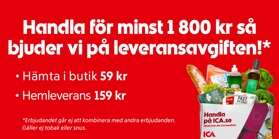Kasse med livsmedel. Med texten ”Handla för minst 1 800 kr så bjuder vi på leveransavgiften!\* Hämta i butik 59 kr. Hemleverans 159 kr. Handla på ICA.se. Direkt från din ICA-handlare. \*Gäller ej tobak eller snus.” Klicka för att handla.