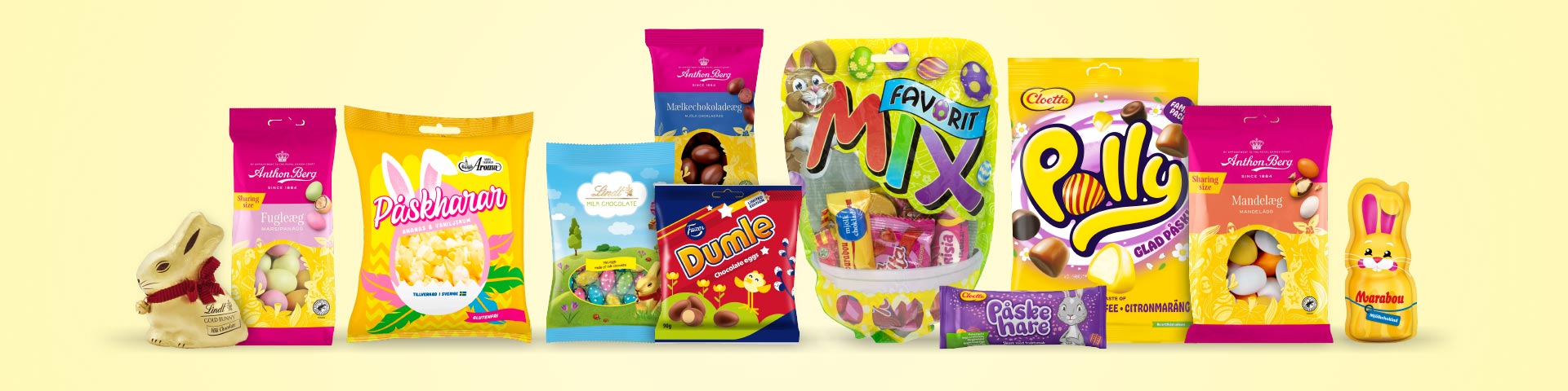 Olika sorters påskgodis, bland annat chokladharar, chokladägg, påskharar, Dumle, Polly, Favorit Mix och Marabou i påskförpackningar. Klicka för att handla godis till påskägget.