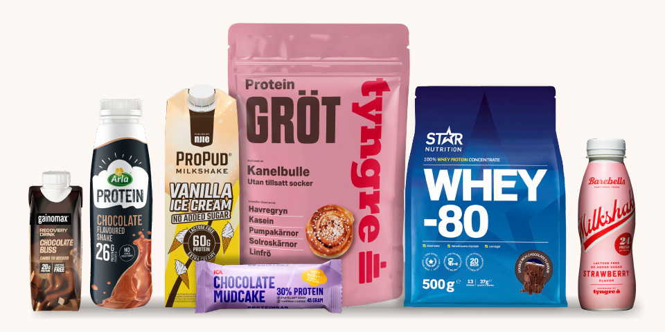 Olika proteinprodukter och proteinbars från varumärken som Gainomax, Arla, Njie, Tyngre, Star Nutrition, Barebells, ProPud, ICA och Nicks. Klicka för att handla proteinhjältar.